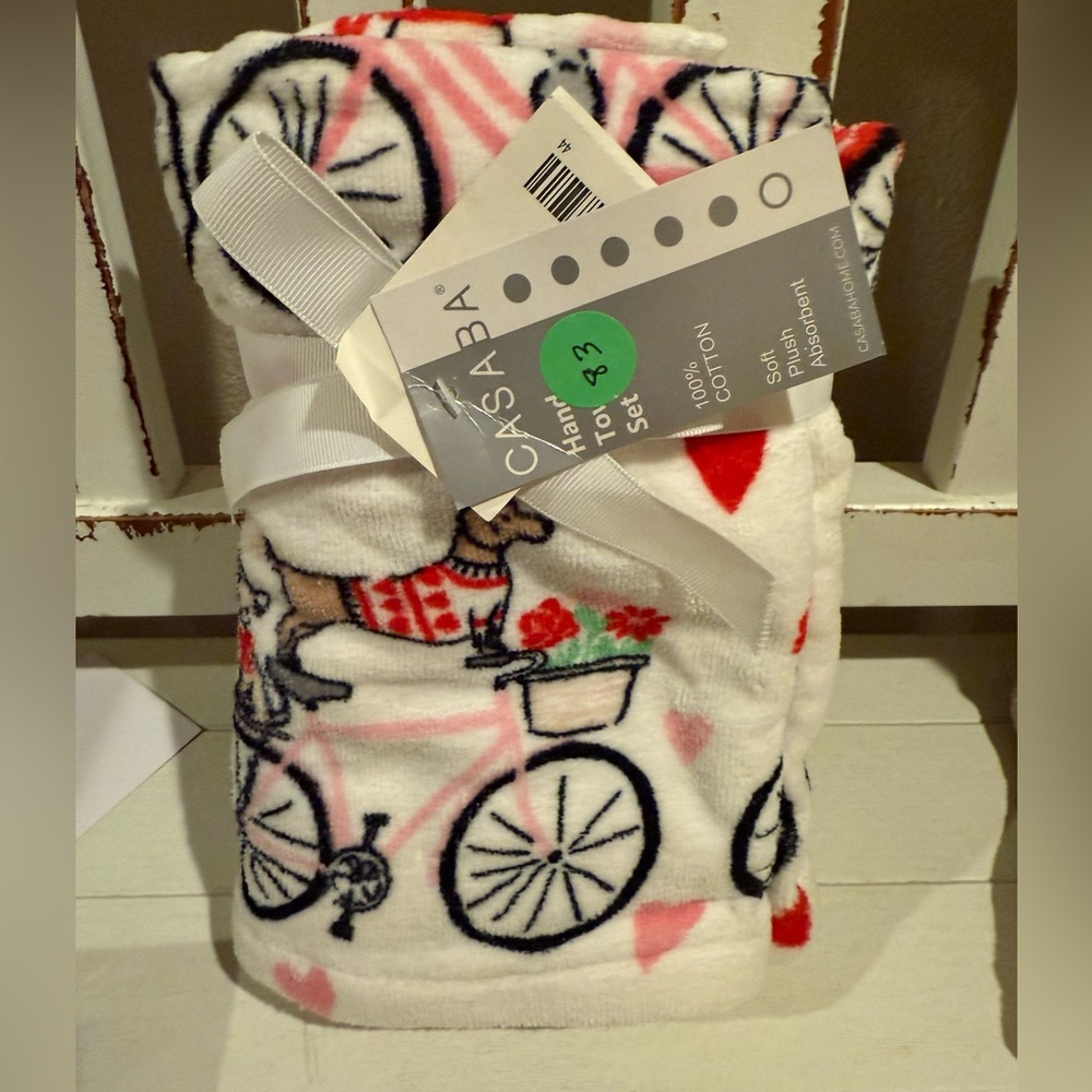 Casaba‎ Doxie Dachshund White and Pink Bicycle Print Hand Towels w/ Hearts New